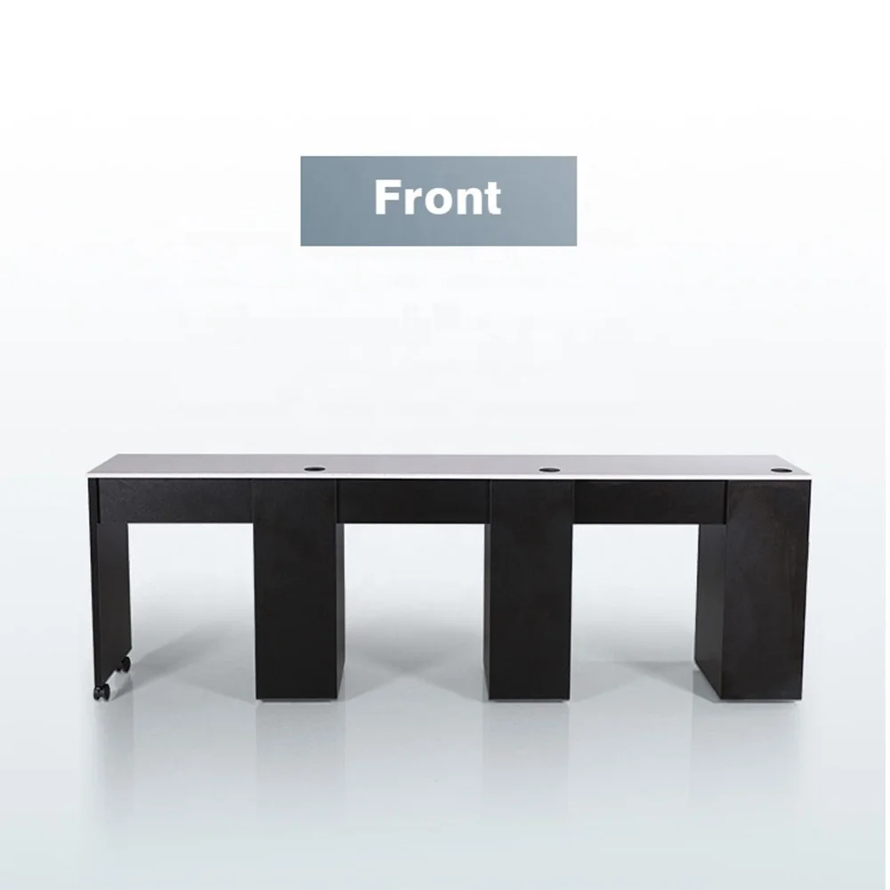 Furnitur Salon Kecantikan Mewah Modern Meja Manikur Hitam Tiga Stasiun Kuku Spa Kotor Tinggi Atas Kuarsa dengan Roda