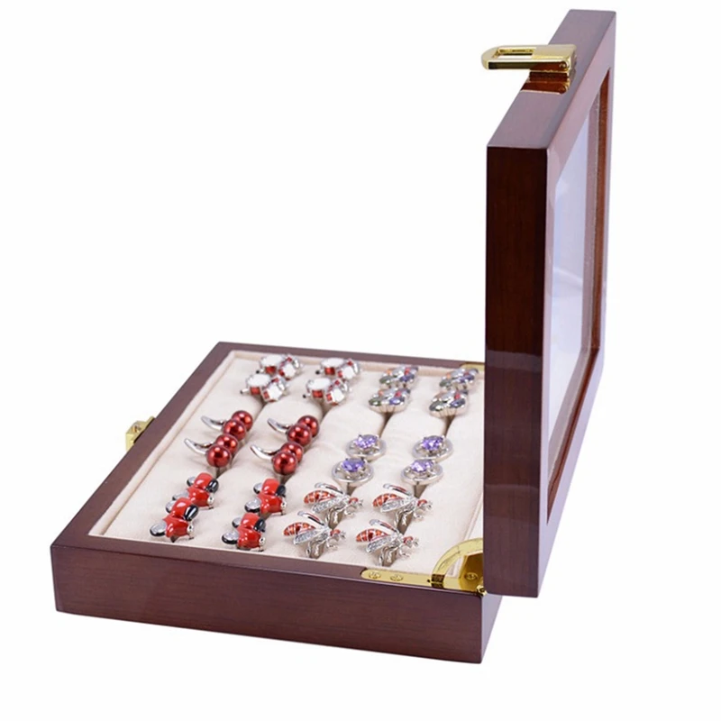 1 Piece Glass Cufflinks Box For Men Painted Wooden Collection Display Box Storage 12Pairs Capacity Rings Jewelry Box