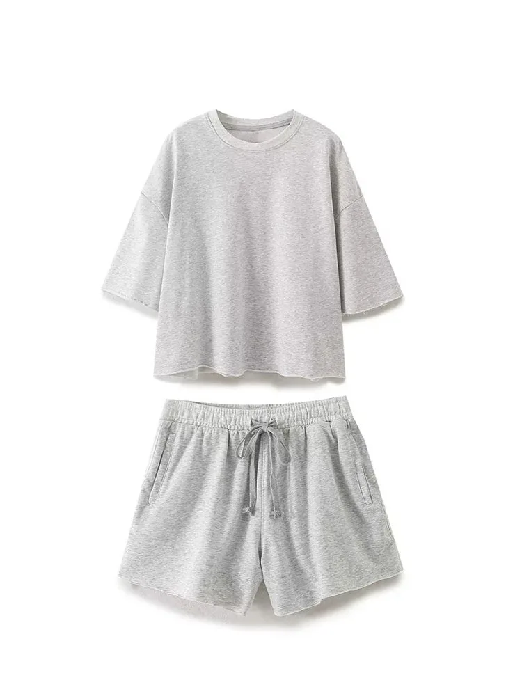 HH المرأة خمر الصلبة تي شيرت مجموعات قصيرة س الرقبة قصيرة الأكمام قمصان أعلى مرونة الخصر فضفاض السراويل الربيع قطعتين مجموعة