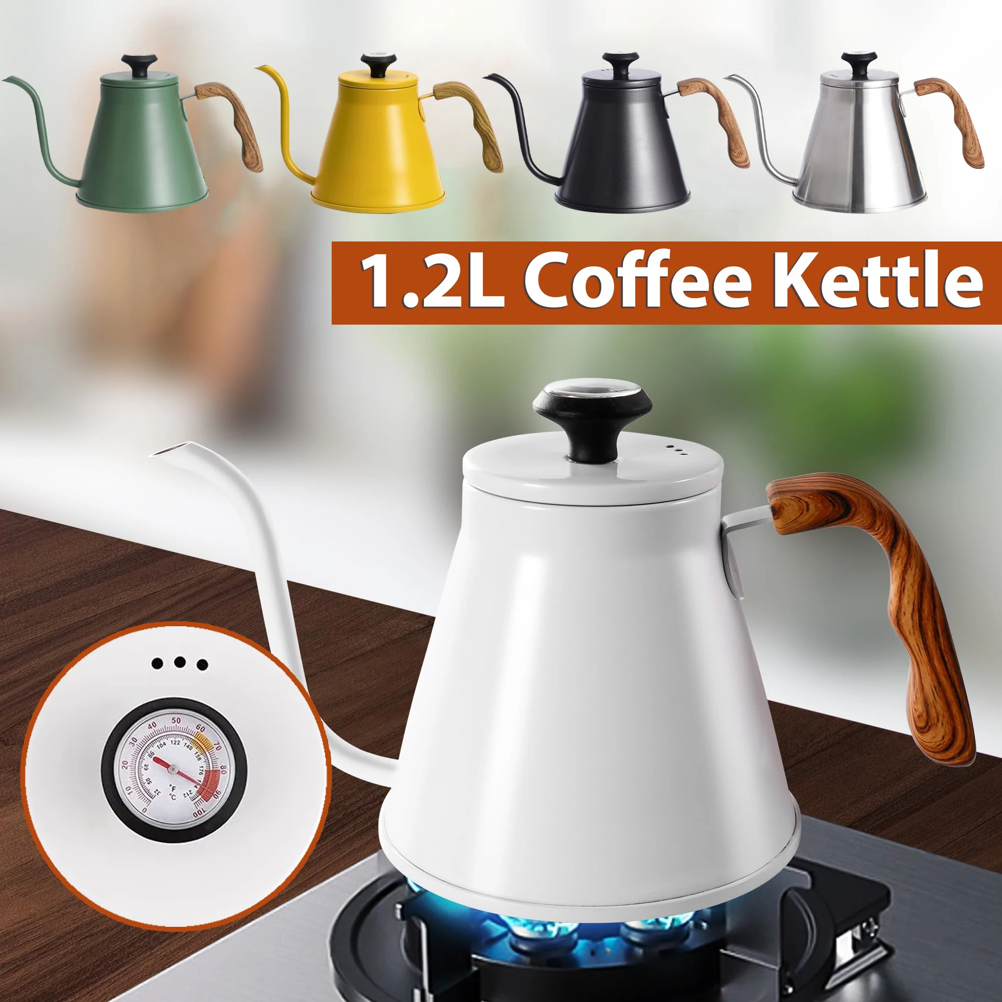 1.2L Stovetop Gooseneck Kettle with Thermometer,Stainless Steel Pour Over Coffee Pot Teapot Anti-scald Handle Drip Coffee Maker