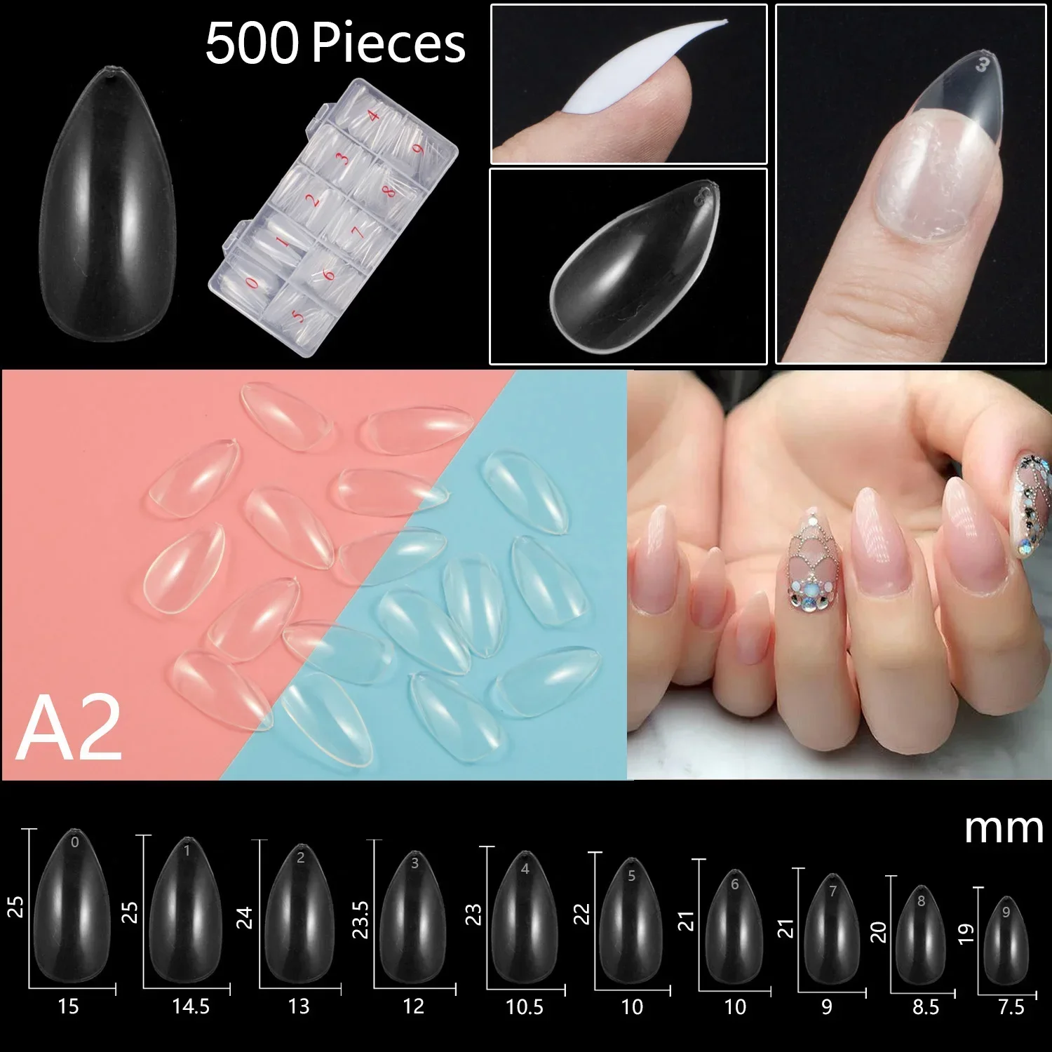 

Almond Shape 500 Pieces False Nail Tips with A Big Box Full Cover Fake Nail Tips Nail Art Design Accessories