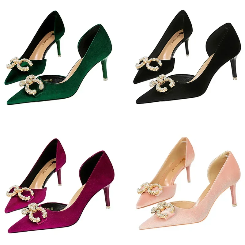

Women 7cm Thin High Heels Vintage Shallow Pointed Toe Shoes Crystal Buckle Pearl Butterfly Knots Velvet Elegant Drag Queen Pumps