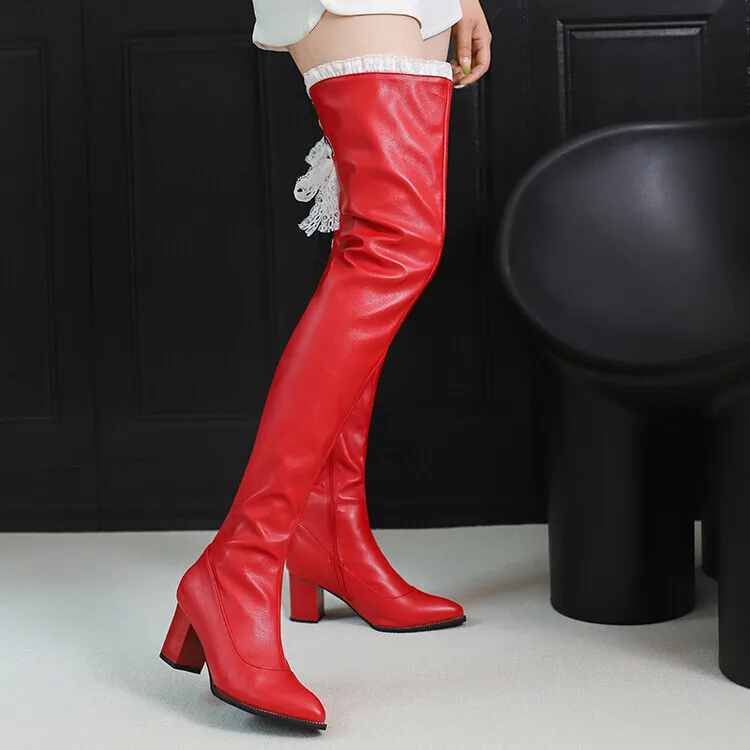 2023 Winter Black High Heels Wome Boots Chunky Over The Knee Boots Side Zip Fashion Lace Thigh High Boots Lady  Shoes