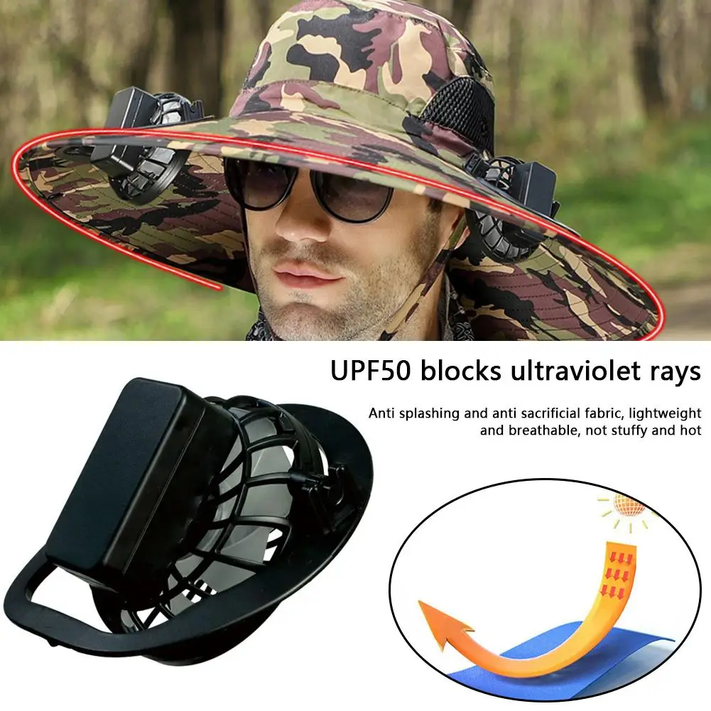 Batería recargable con ventilador incorporado para hombre, protección solar desmontable de ala grande a lo largo del borde de la gorra, sin caída, estilo Shad F0M7