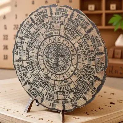 Wooden Ornament Tree Ring Design Desktop Decoration Natural Wood Wheel Of The Year Decorative Calendar Handmade Wood Round