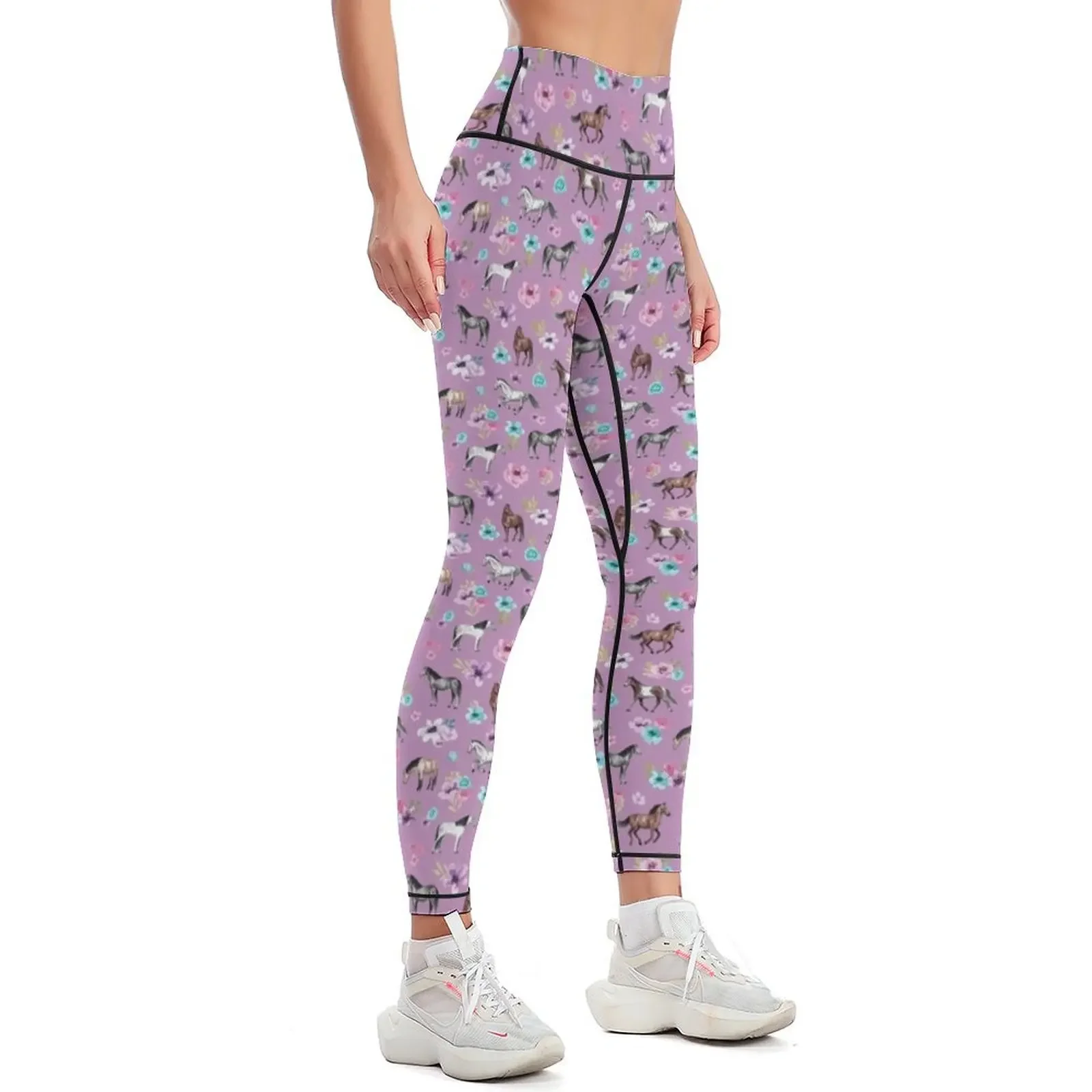 Horses and Flowers Print, Horse Decor, Light Purple, Pony, Floral Leggings Women's fitness Women's push up Womens Leggings