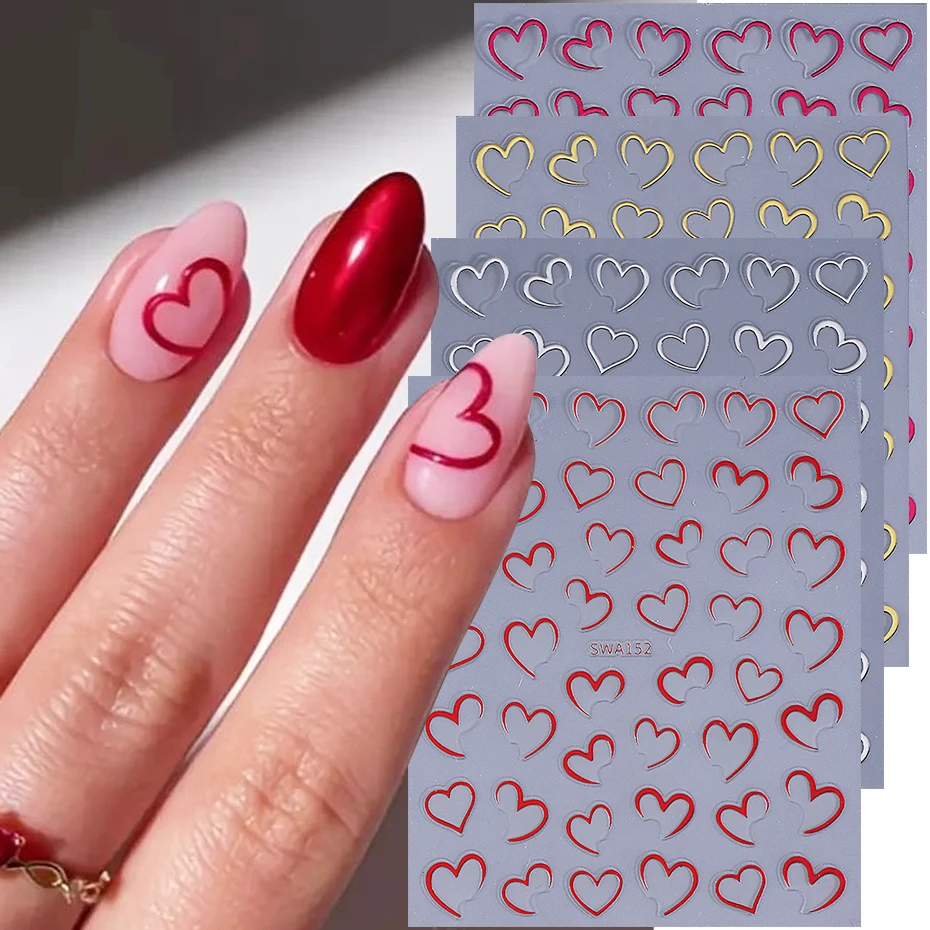 3/4pcs Bronzing Love Heart Nail Stickers 3D Half Love Lines Design Nail Decals DIY Adhesive Slider Valentine Manicure Decoration