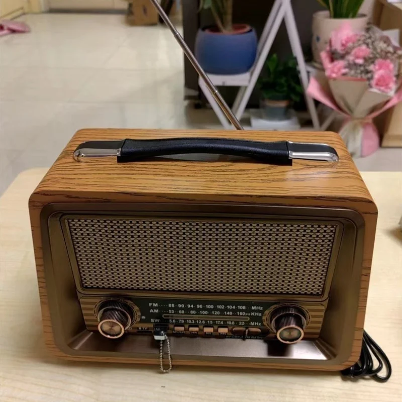 

R-2066BT Wooden Retro Wireless Bluetooth Speaker Portable Digital FM Radio Compatible with Outdoor AUX/TF Card USB Mini Speaker