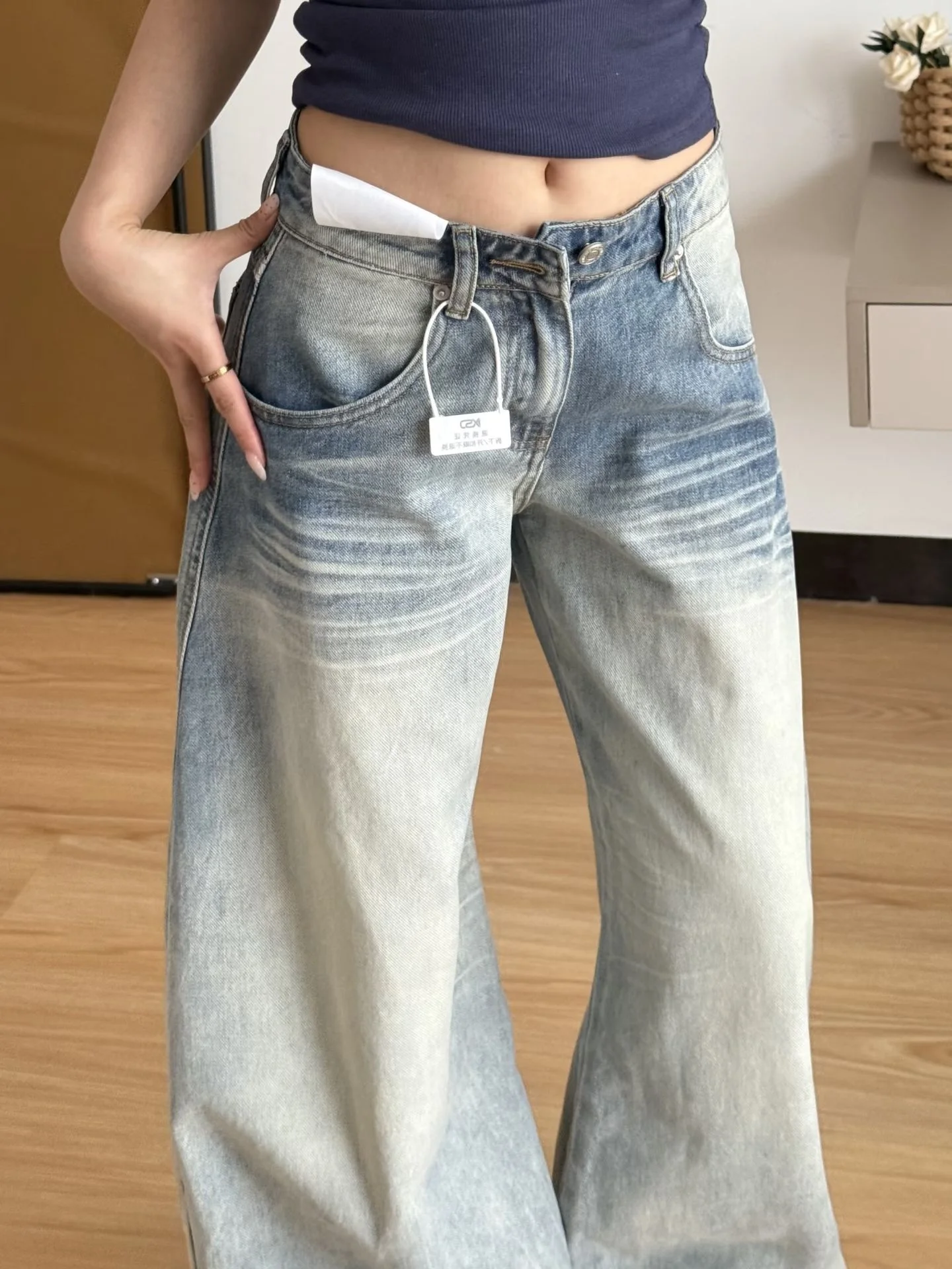 بالإضافة إلى حجم الجينز الأمريكي الرجعية المرأة الخريف الكمثرى الجسم القرد الدهون مم التخسيس فضفاض مستقيم الساق واسعة الساق طول الأرض...