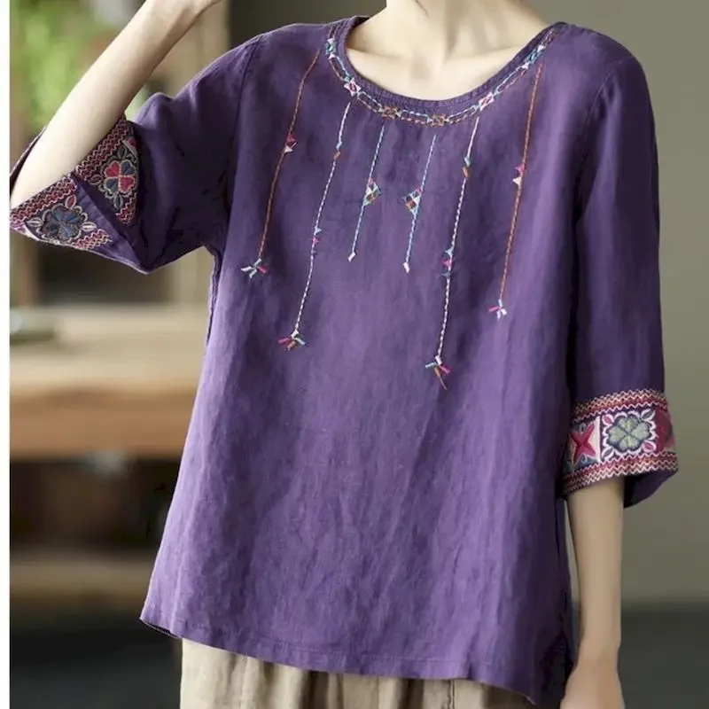 Cotton Linen T Shirt Women Fasshion Embroidery Loose T-shirt Casual Short Sleeve Oversized Tops Summer Trend Thin Tshirt Y2k Top