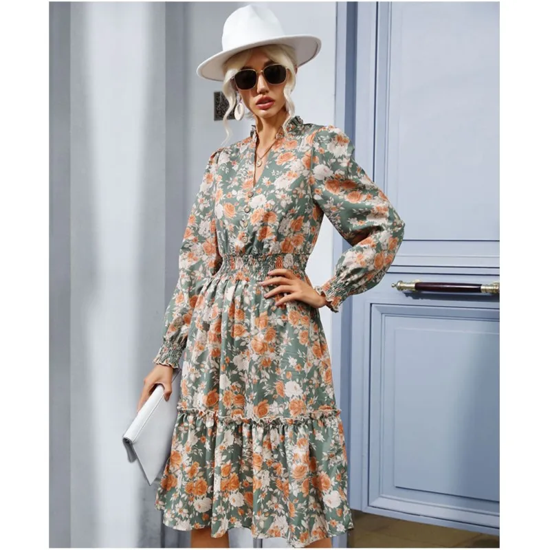 Women Long Sleeve Floral Print V-neck Casual Dress Elegant A-Line Knee-Length High Waist Spring Autumn Fashion Female Boho Dress