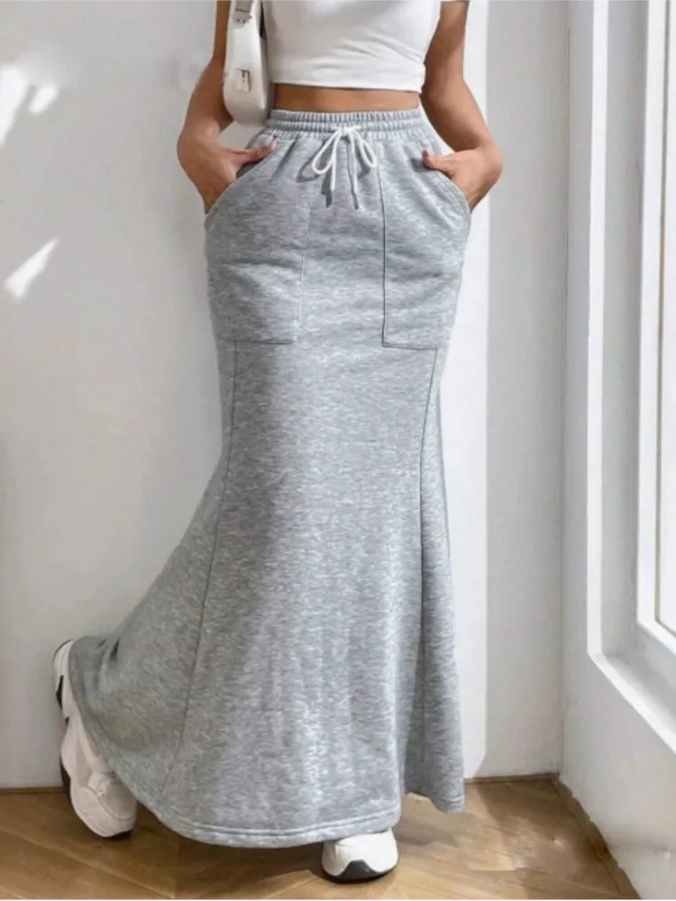 

Новый осенне-зимний однотонный свитшот, полуплатье, женская юбка с карманами на шнурке, женская одежда, модная элегантная юбка