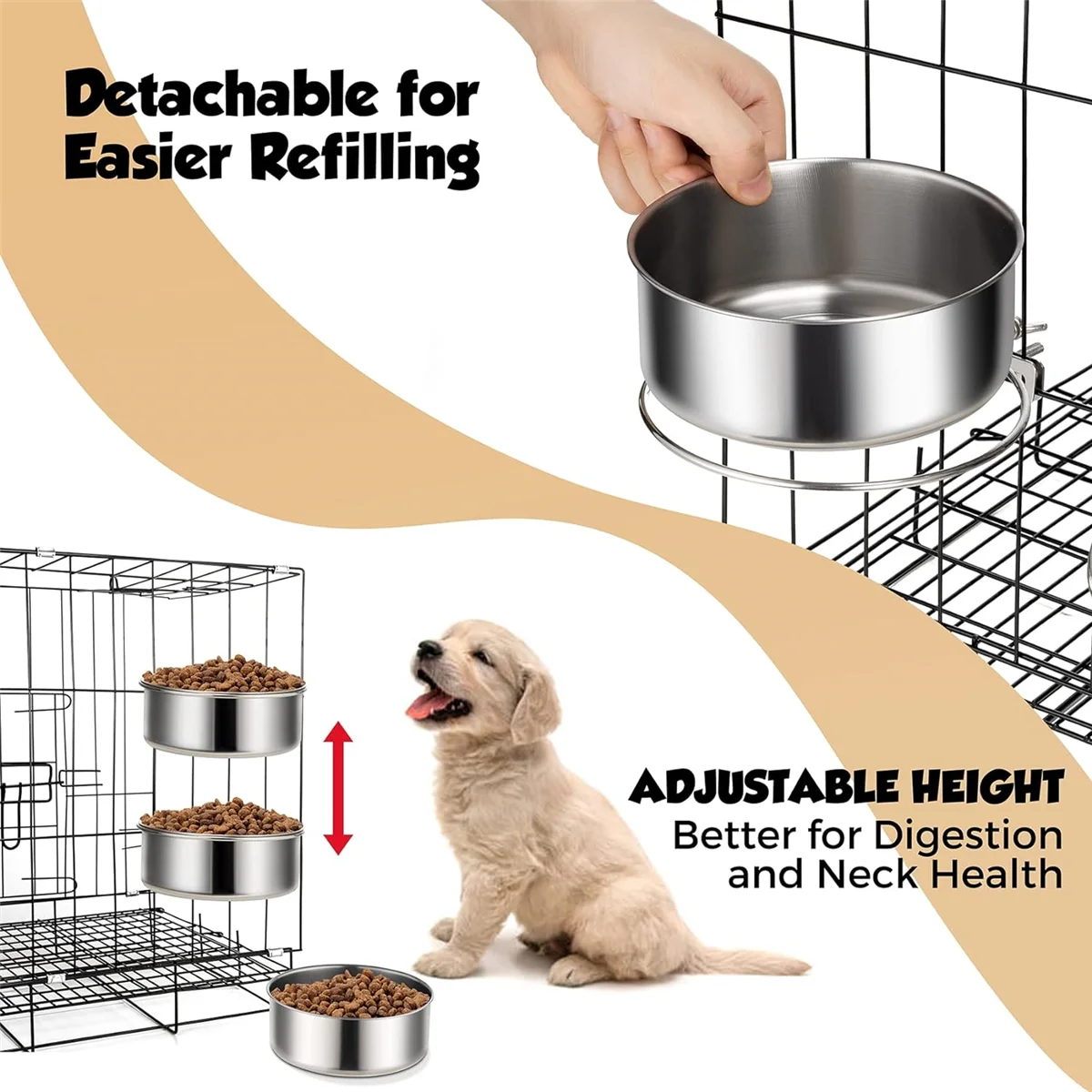 Dog Bowls 2 Pack, Stainless Steel Dog Food Bowl and Water Bowl, Hanging Dog Bowls for Cage Crate Kennel, Non-Spilling