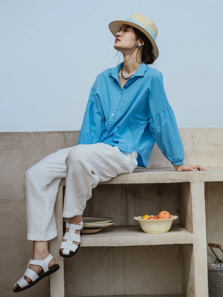 

Высококачественный Хань Хань Хлопок Морской Синий Фонарь Све irt Beach Vaion Свободный крой для поездок на работу Художественный чистый цвет на пуговицах