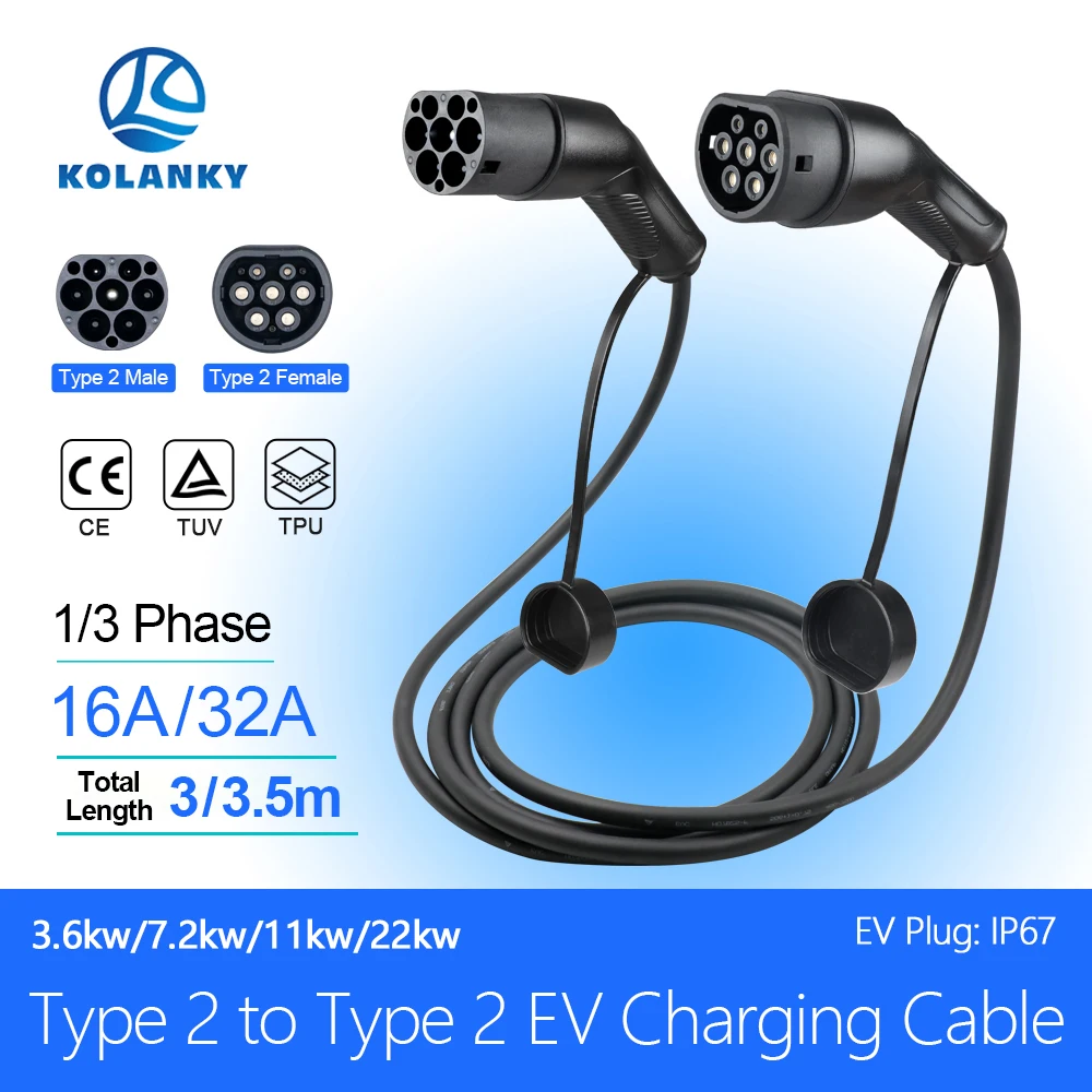 EV Charging Cable 16A/32A 1P/3P 3.6kW/7.2kW/11kW Type 2 EVSE Charging Station Female to Male Plug With EV Cord 3M/3.5M