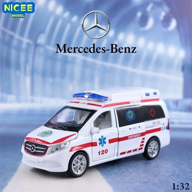 

1:32 Mercedes-Benz Emergency ambulance 120 Diecast Metal Alloy Model car Sound Light Pull Back Collection Kids Toy Gifts F527