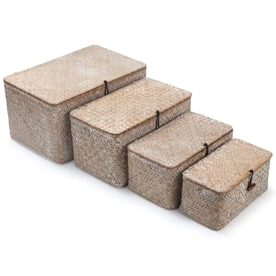 

Wicker Basket with Lid, Seagrass Storage Basket, Woven Decorative Storage Baskets for Shelf Organizing