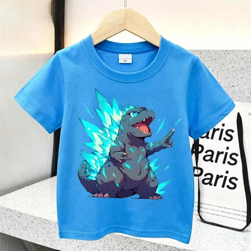 Godzilla Children Short Sleeve T Shirts Anime Character Print Polyester Tops Boys Cartoon Summer Casual Tees Kids Clothing Gifts