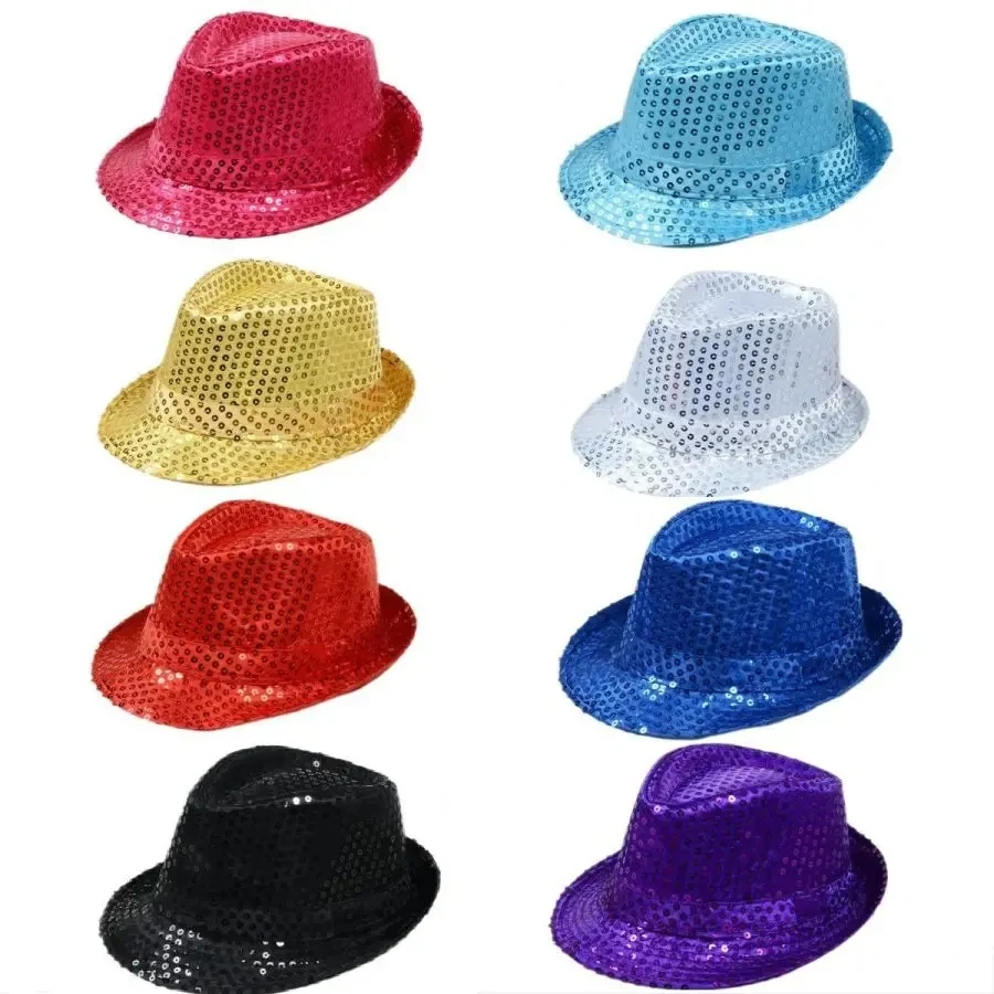 

Performance Stage Jazz Hat Role Play Prop Glitter Sequins Beading Hats Show Dance Fedoras Fashion Party Chapeau Club Caps New
