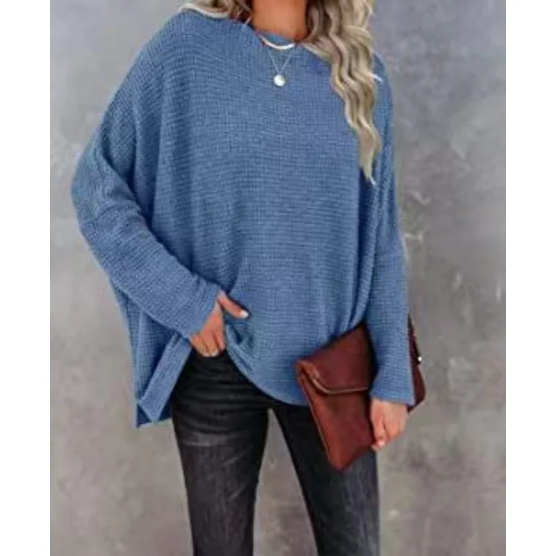 Plus Size Pullover Casual Off Shoulder Waffle Loose Modny Sweter z dzianiny Jesień Zima Codzienne dojazdy do pracy Prosty top