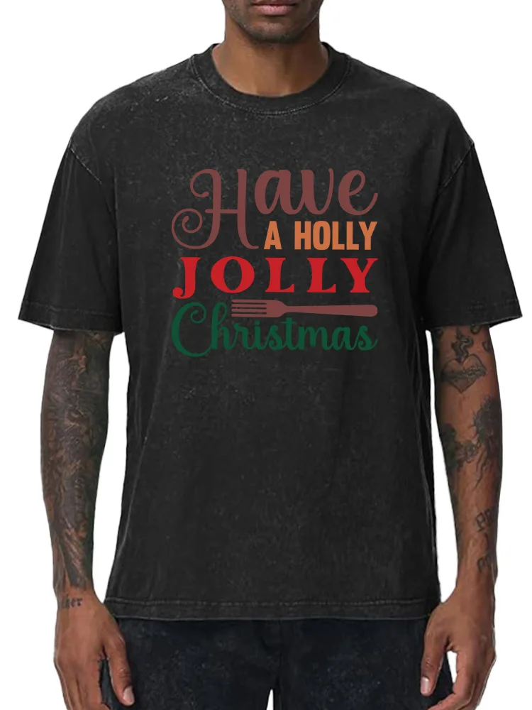 

Have a Holly Jolly Christmas 230g Heavy Cotton Washed Oversized T-Shirt for Men Christmas Graphic Tee Retro Casual Top