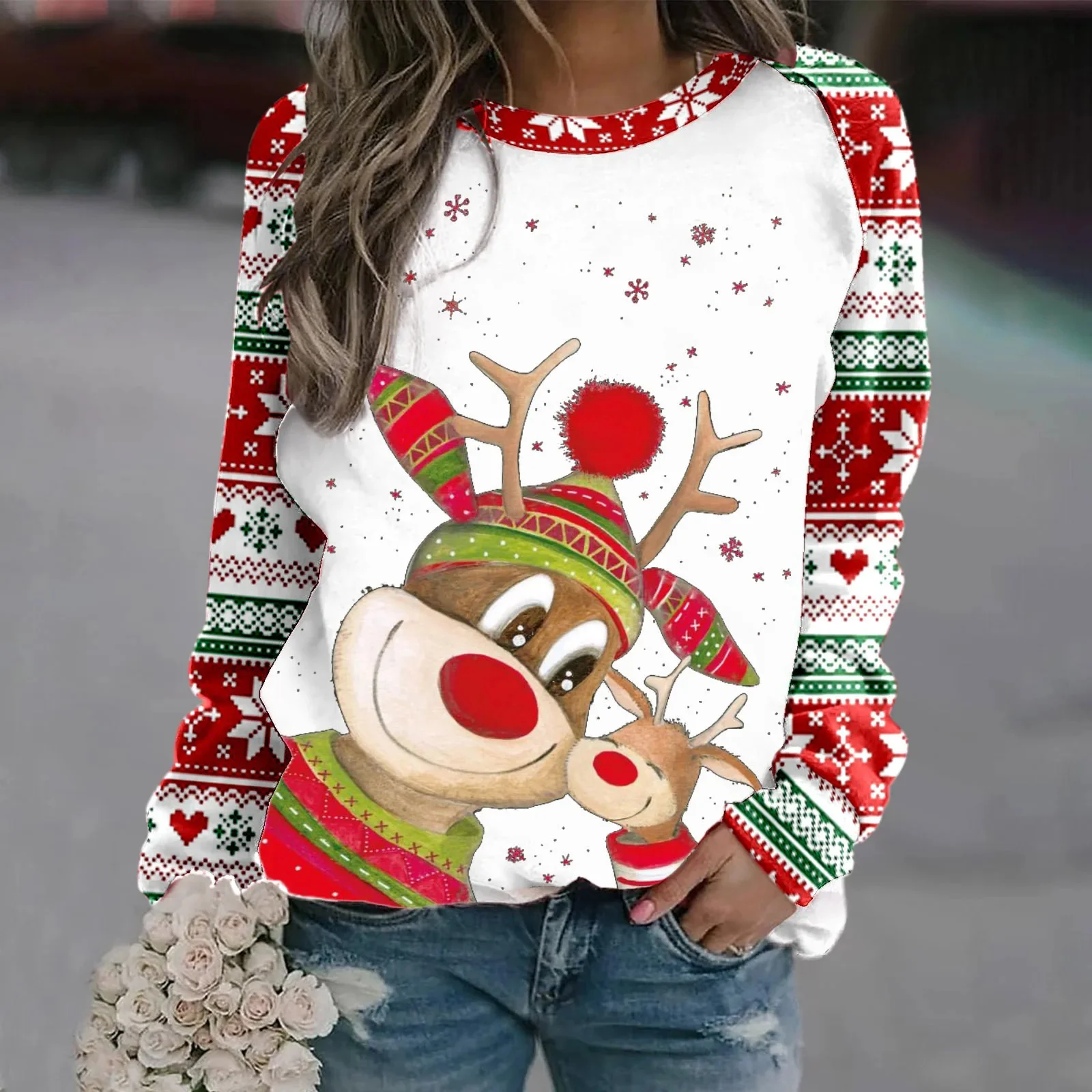 Christmas Reindeer Women\'s Clothing Autumn/Winter Round Neck Cotton Long Sleeved Casual Plus Size Tops Christmas Party T-Shirt