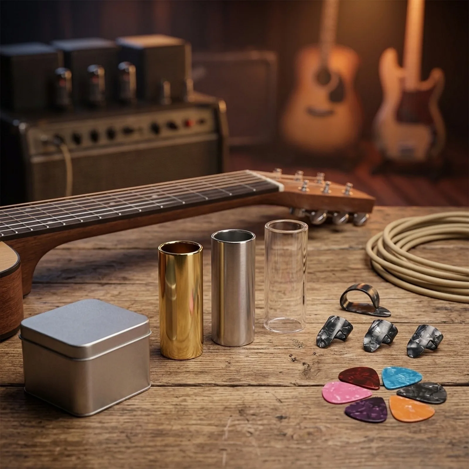 Guitar Slide and Pick Assortment Set with 1 for acrylic Glass Slide 2 Steel Slides and 10 Guitar Picks for Slide Guitar