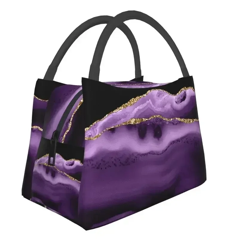 Purple And Gold Agate Texture Insulated Lunch Bags for Women Portable Cooler Thermal Bento Box Hospital Office Shoulder Bag