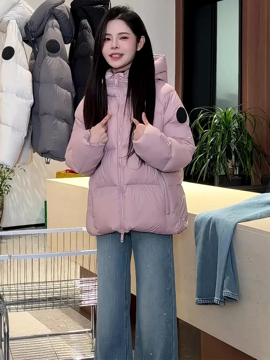 Jaqueta Puffer Casual com Capuz para Mulheres, Inverno, Comprimento Médio, Solta, Quente, 90% Penas de Ganso, Casaco de Lazer com Zíper