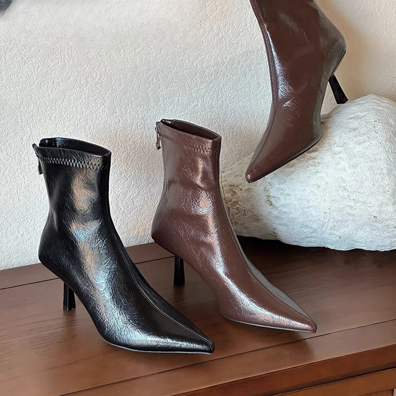 Soft Leather Elegant High Heel Short Booties Women 2026 Autumn Trendy Pointed Toe Modern Ankle Boots Formal Dress Daily Shoes