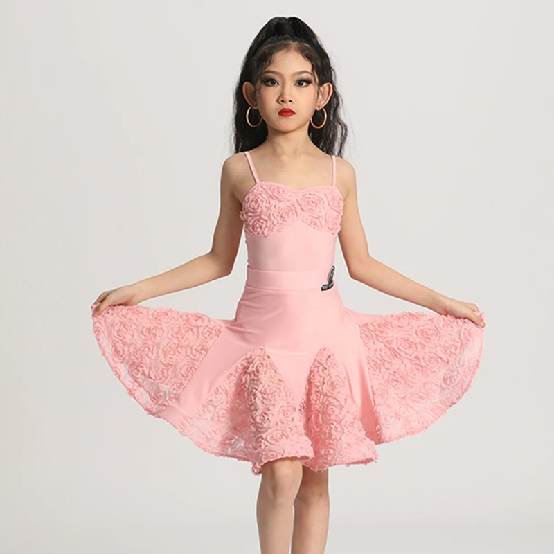 

Summer Girls Latin Dance Clothes Pink Sleeveless Top Ruffles Skirt Tango Cha Cha Dancer Practice Wear Competition Suit VDL309