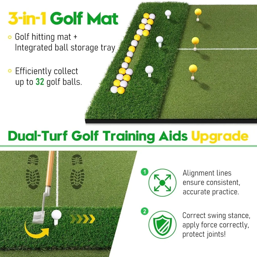 Premium Dual-Turf Golf Mat with Ball Tray, 5x4 FT Golf Hitting Mats Practice Outdoor Indoor Equipment with 10 Golf Balls