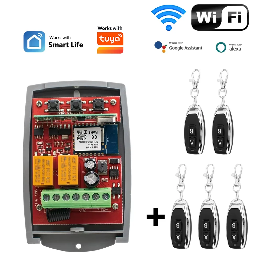 Smart Wifi Door Switch Universal Garage Receiver 2CH Remote Control Gate Opener Controller 433mhz Transmitter Works with Tuya