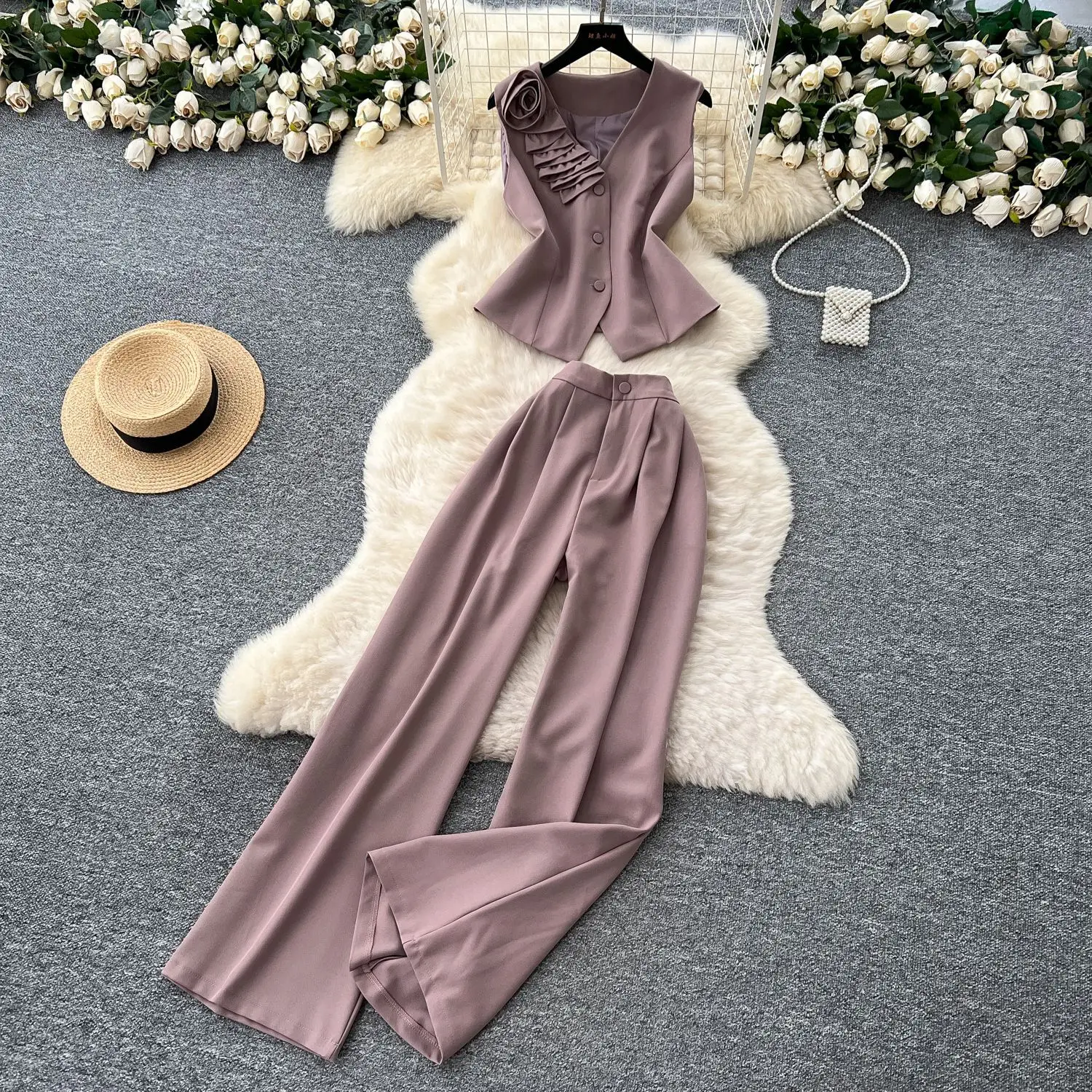 

Pant Set Women Two Piece Sets V Neck Sleeveless Floral Vest Tops Wide Leg Long Pants High Waist Y2k Streetwear Elegant