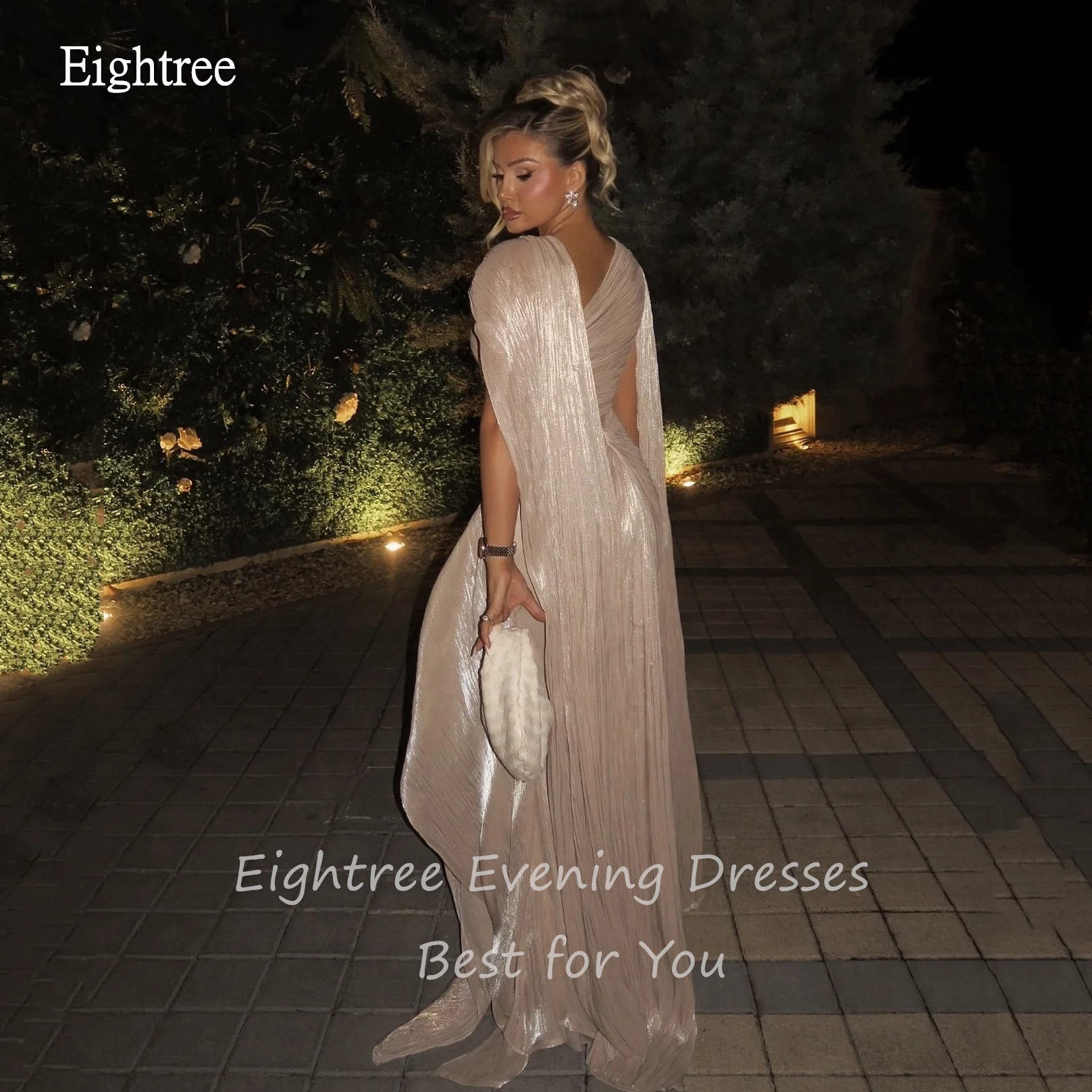 Eightree Graceful Champagne A-Linie Ballkleider, Flügelärmel, schimmerndes Partykleid, Seitenschlitz, bodenlanges Abendkleid, individuell gestaltet