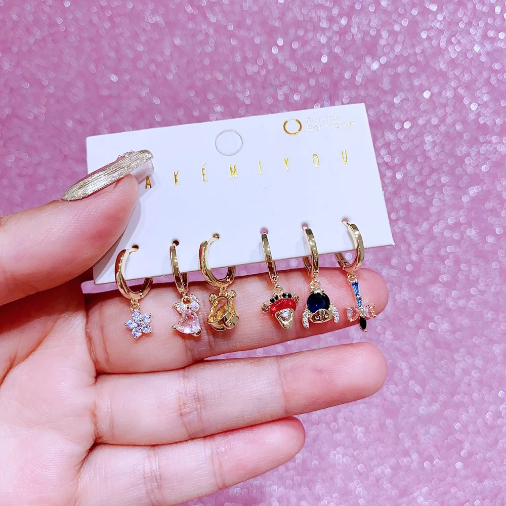 MIGGA 6pcs Mix and Match Crystal Cartoon Bear Dangle Earrings Set Gold Color Plated Women Girls Gift Jewelry
