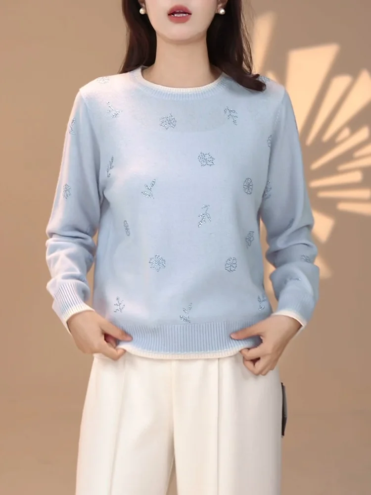 

Женский свитер Ele с синими пайетками, длинными рукавами и круглым вырезом, вязаный, осенний, новый, больших размеров, теплый, с термофункцией