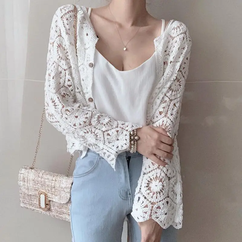 A niche sweet and stylish loose fitting, slimming versatile knitted top with lace hook flower hollow small cardigan for women