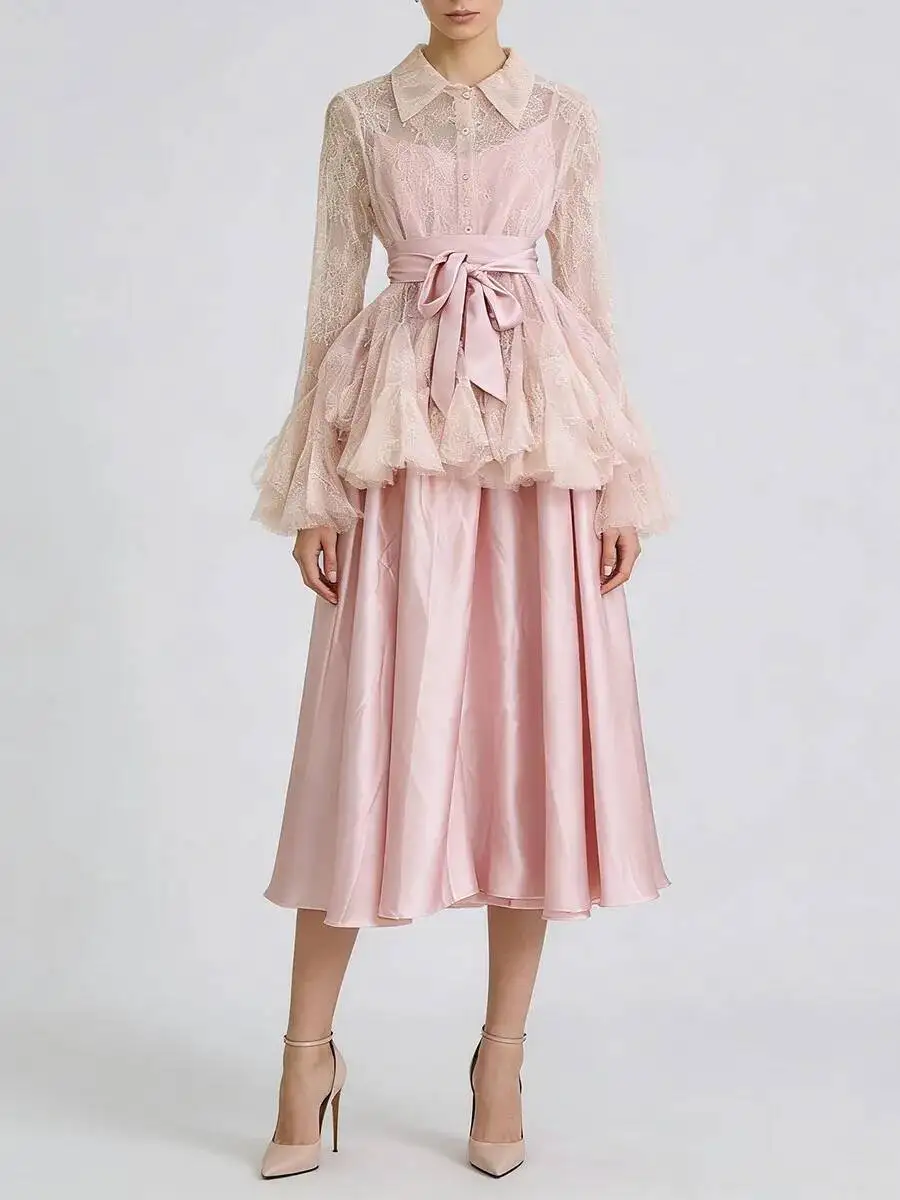 BJTZ Dames 2026 Nieuwe Elegante Temperament Kant Satijn Set Elegante Pure Ruche Blouse + Rok Lente Herfst Luxe Coord