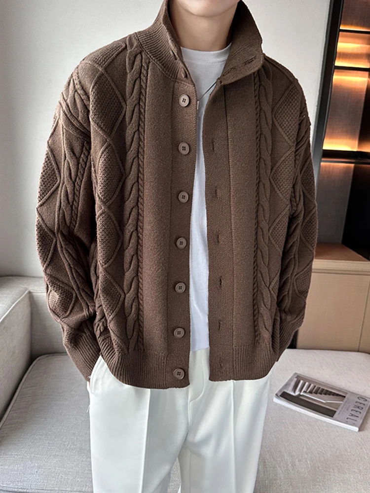 

Модный корейский мужской вязаный кардиган-свитер с высоким воротником, длинными рукавами, утепленный, повседневный, свободного кроя, весна-осень