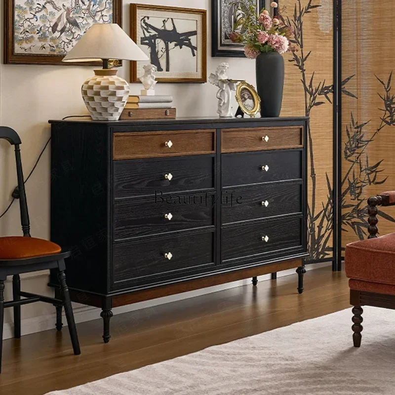 

yj32 French retro solid wood chest medium antique bedroom black wall drawer cabinet