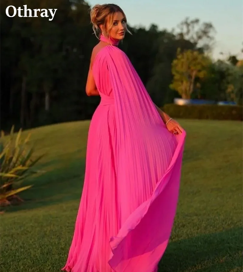 Othray Fuchsia Chiffon Evening Dresses Long Single One Shoulder Pleated Arabic Women Formal Prom Gowns Wedding Guest Robe