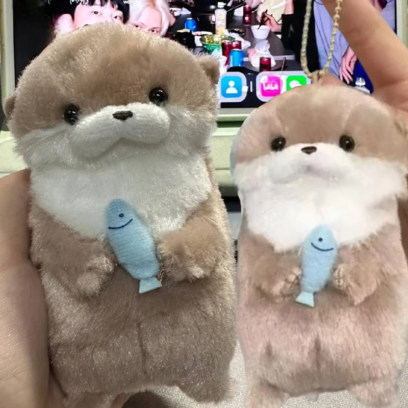 Creative Cute Otters Holding Fish Plush Doll Keyrings Lightweight Hanging Pendant Props for School Bag Key Wallet Doll Toy Gifts