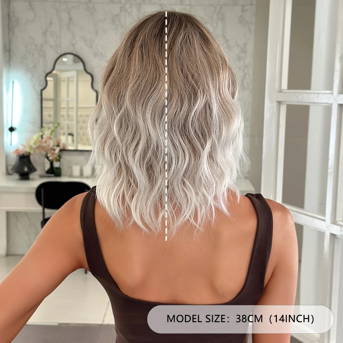 7JHH WIGS Short Water Wave Brown Ombre White Wig for Women Synthetic Modest Fashion Middle Part Brown Bob Wigs with Dark Roots - view 4