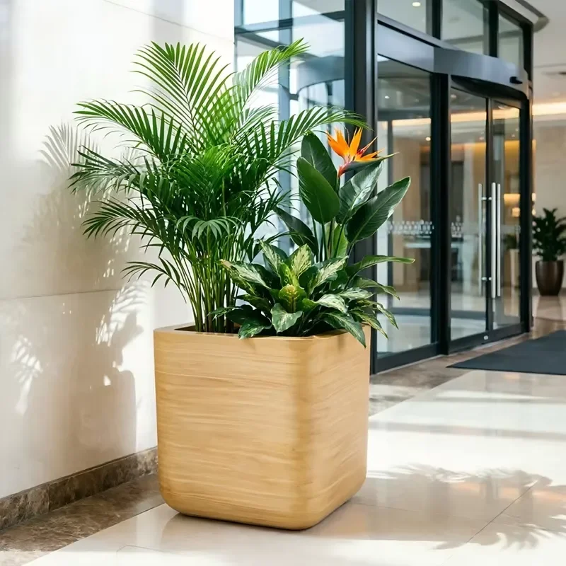 for Fiberglass Planter Wood Grain Finish Large Square Flower Pot Modern Decorative Planter for Hotel Lobby Office Entrance