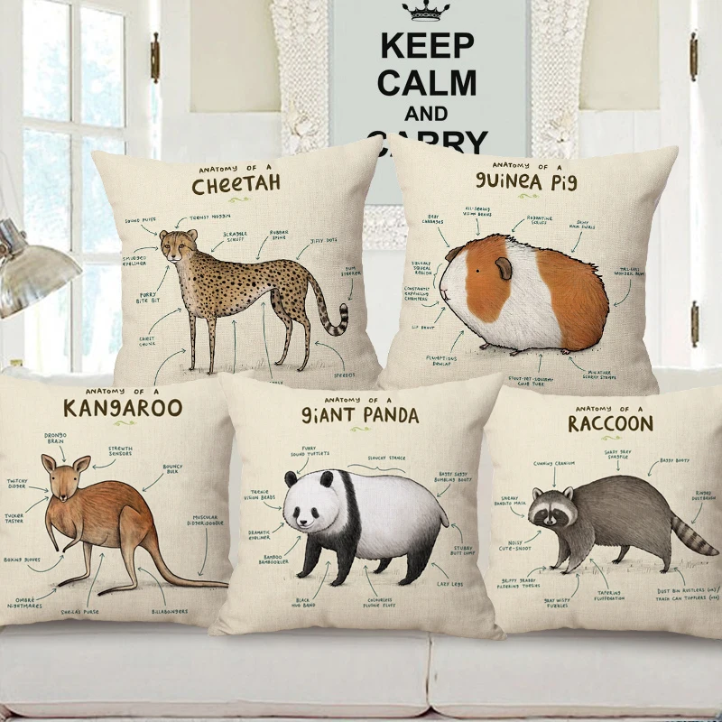 Hand Painting Animals Cushion Cover Panda Hyena Raccoon Wombat Sloth Pomeranian Cheetah Kangaroo Moose Mole Print Pillow Case