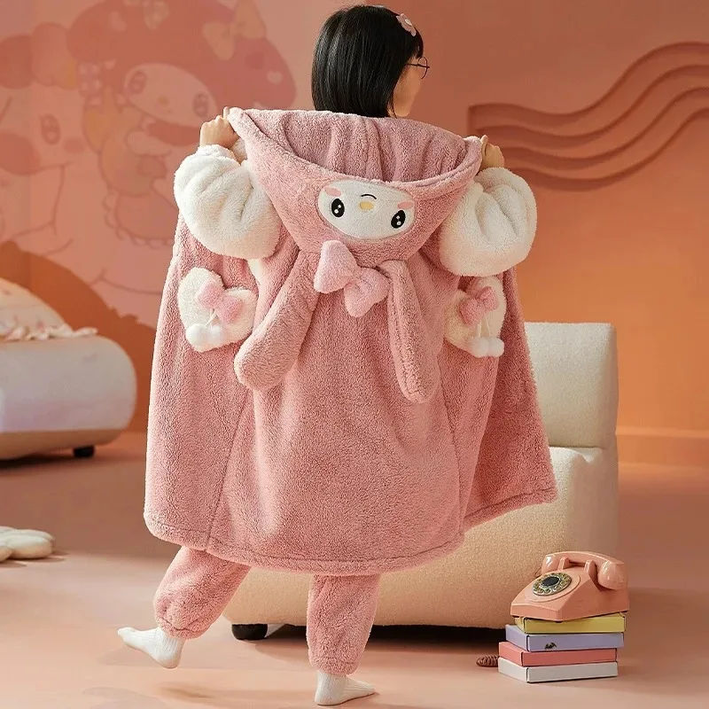 Autumn Winter Children's Plush Pajamas Robe Anime Sanrioed Cinnamoroll Melody Kuromi Kawaii Girl Cute Hooded Thicken Home Clothe