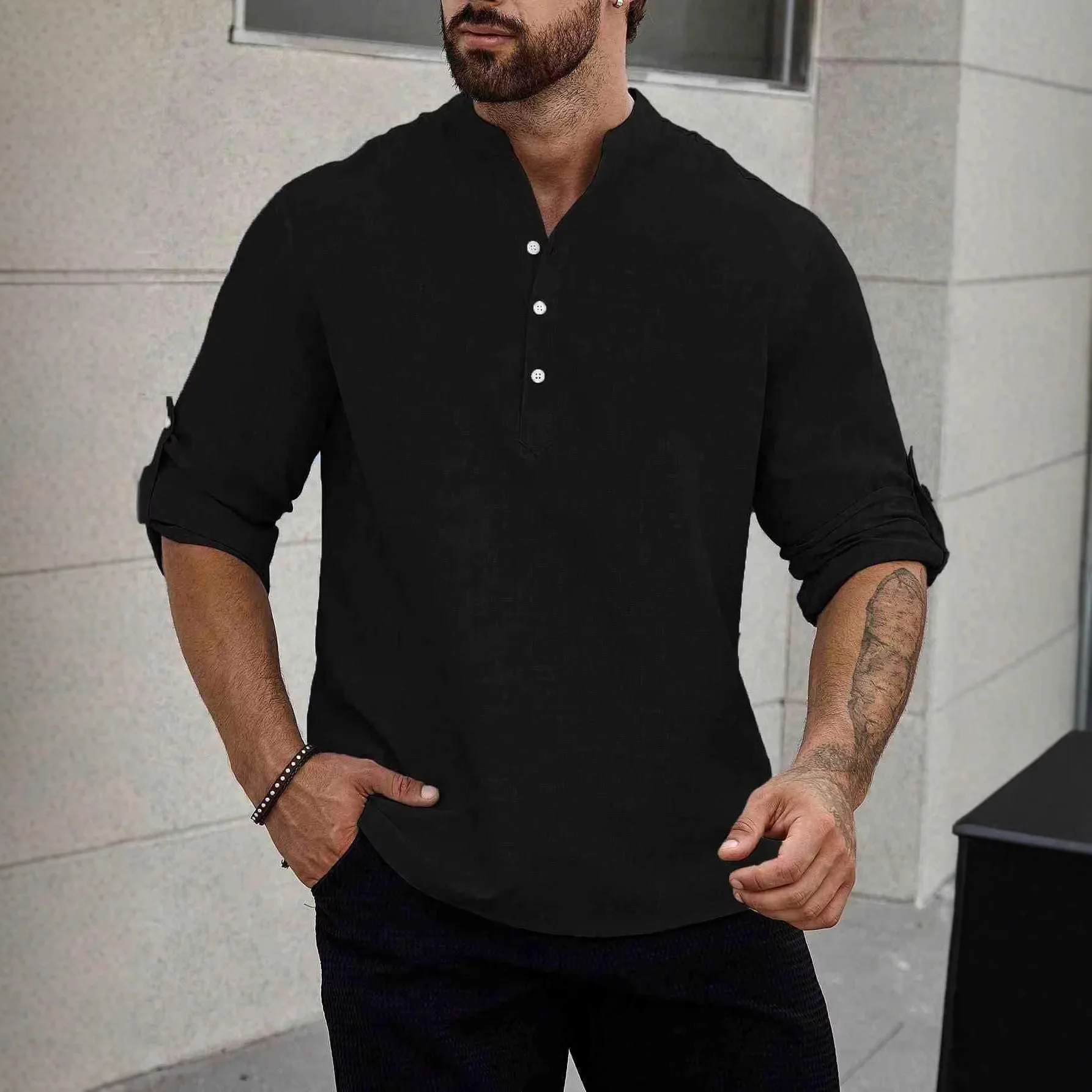 2026 Spring/Summer Men's Henry Collar Casual Top Imitation Hemp Loose Stand-Up Collar Long Sleeve Shirt