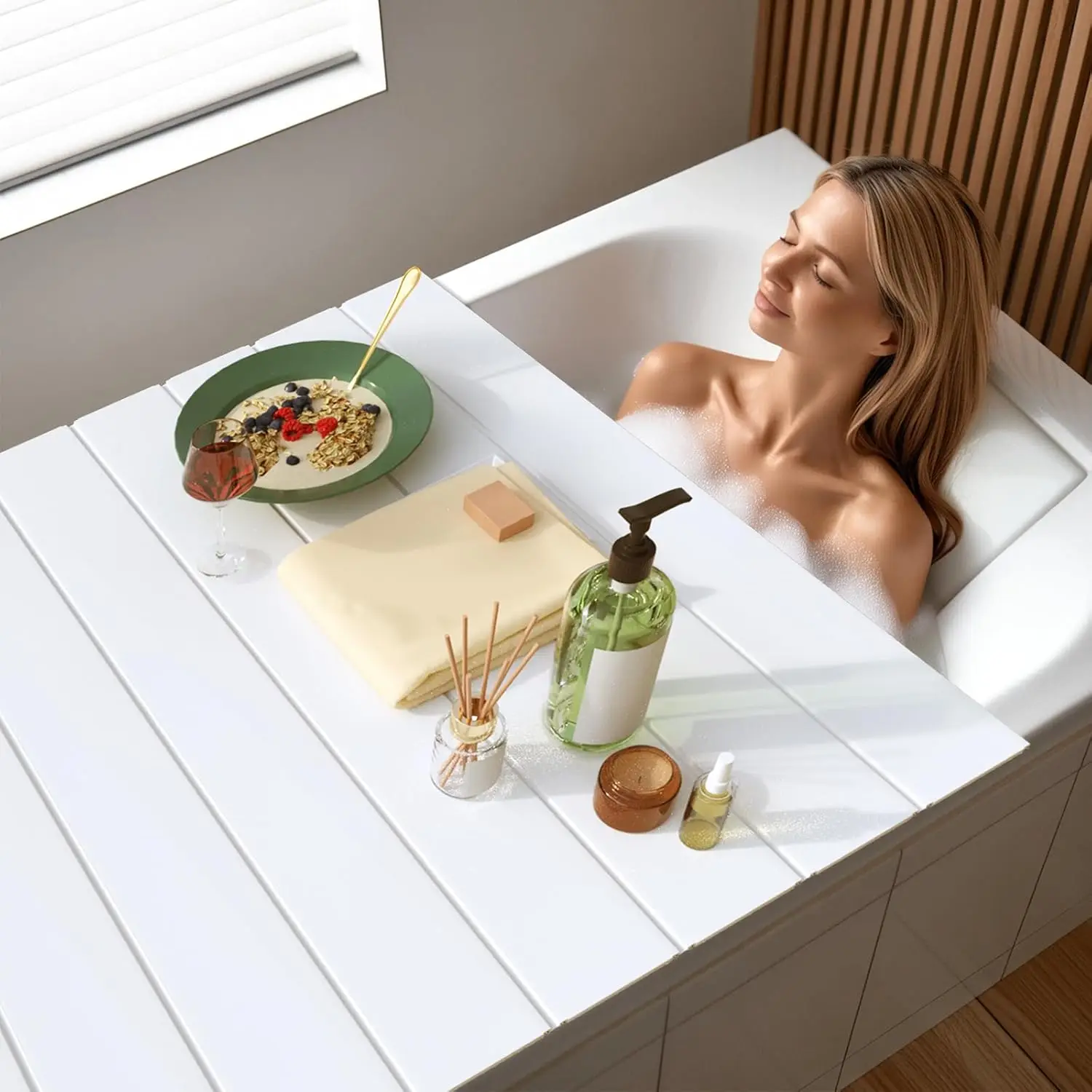 

Bathtub Tray Foldable Anti dust Bathtub Cover Bath Insulation Cover PVC Shutter Bath Lid Fit Most Tubs Can Store Wine Glass