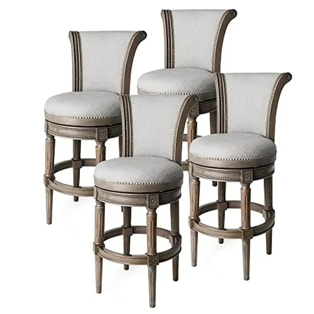 

31" Tall Upholstered Swivel Barstool Set of 4 with Back Reclaimed Oak Finish Ash Grey Cushion Hand-Crafted High Density Padded